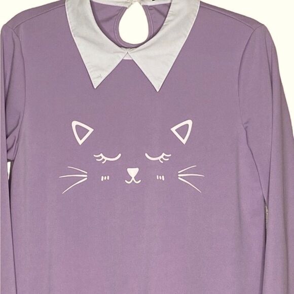 Allegra K Jr’s Sz Med Cat Face Purple Contrast Collar Flare Hem Above Knee Dress - Picture 3 of 6